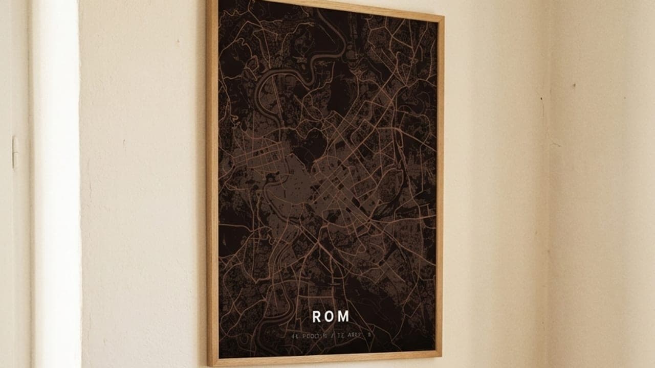 Gerahmtes Rom-Kartenposter an der Wand, davor ein Strauß getrockneter Blumen