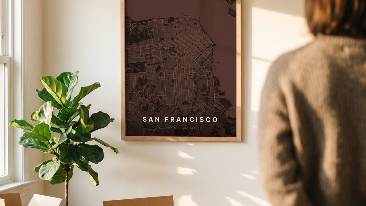 Woman facing a framed San Francisco map poster in a new flat with boxes