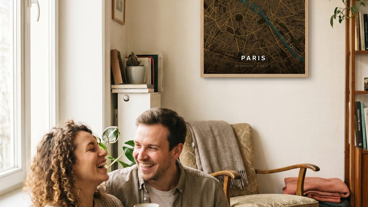 Lachendes Paar auf dem Sofa unter einem gerahmten Paris-Kartenposter
