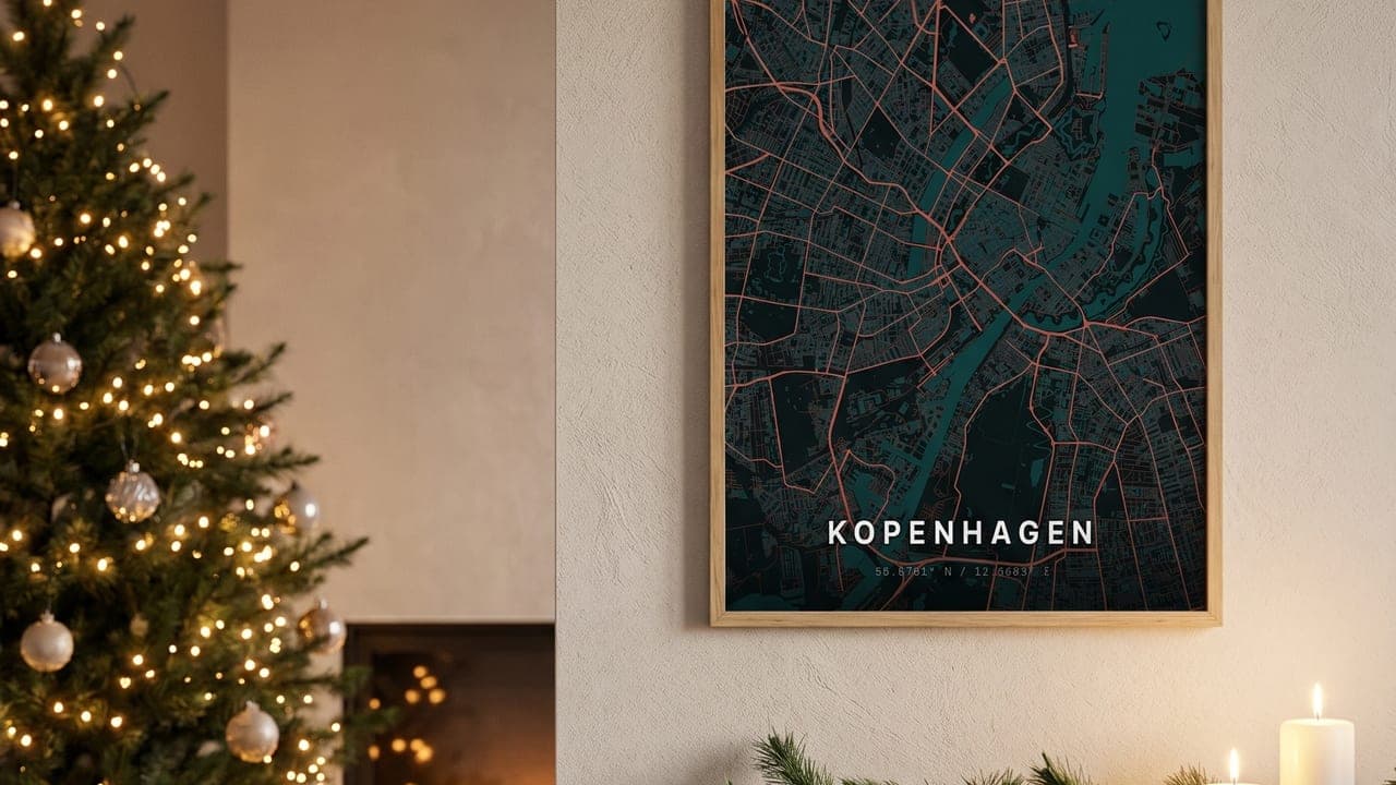 Gerahmtes Kopenhagen-Kartenposter neben einem geschmückten Weihnachtsbaum mit Geschenken