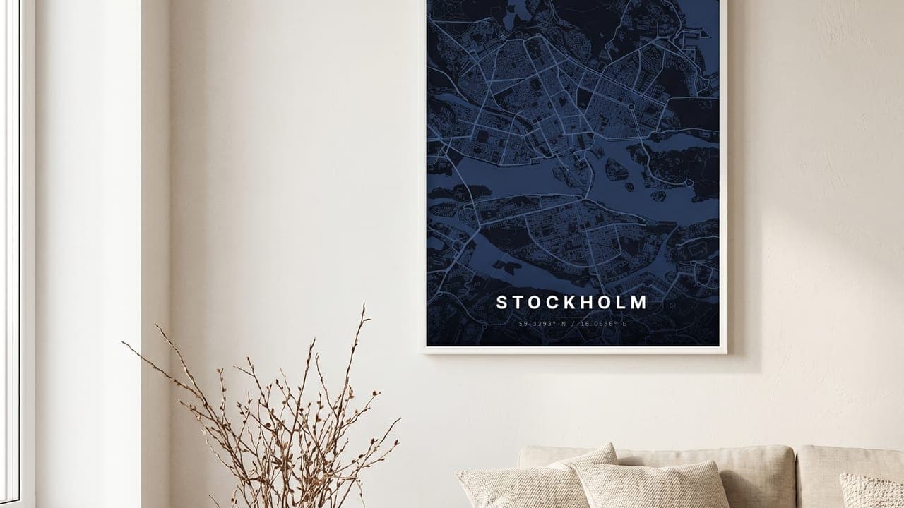 Framed blue Stockholm map poster above a light sofa in a calm room