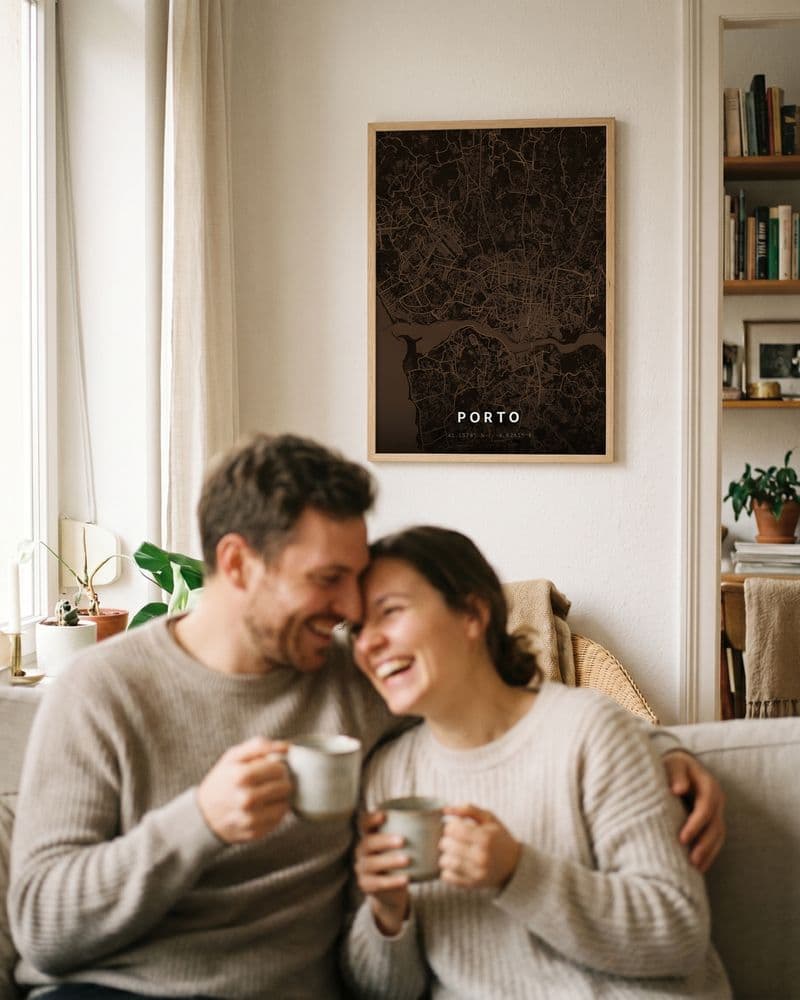 Paar lacht auf dem Sofa unter einem gerahmten Porto-Kartenposter