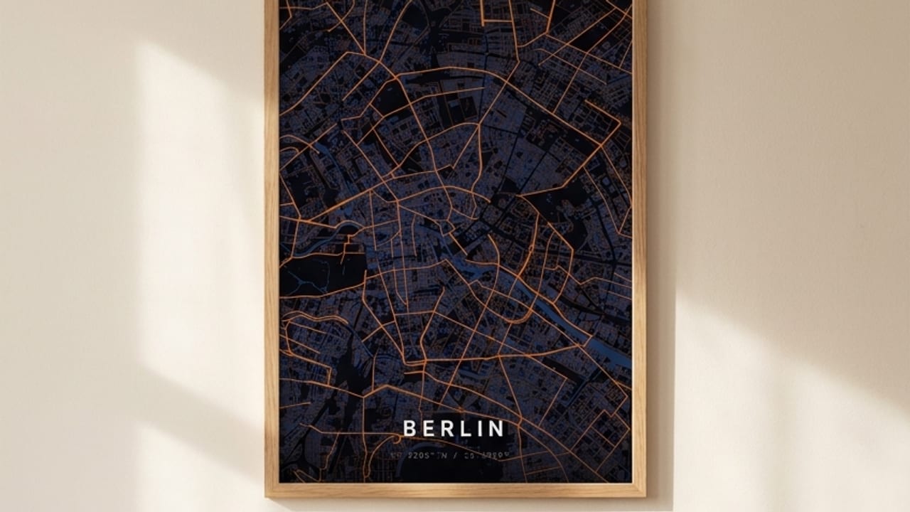 Framed Berlin map poster on a light wall above an armchair