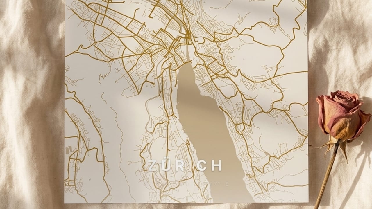 Helles Zürich-Kartenposter auf Leinen mit Bahnticket, Kamera und Rose