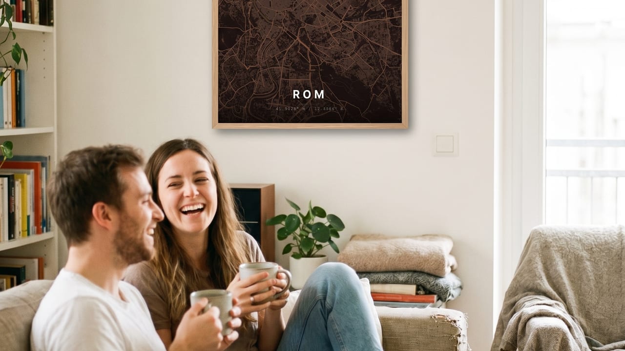 Paar mit Kaffeetassen auf dem Sofa, darüber ein gerahmtes Rom-Kartenposter