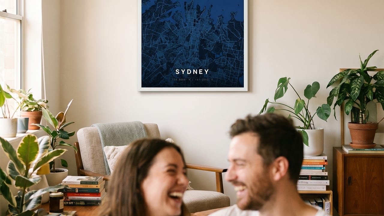 Paar mit Tassen auf dem Sofa unter einem blauen Sydney-Kartenposter