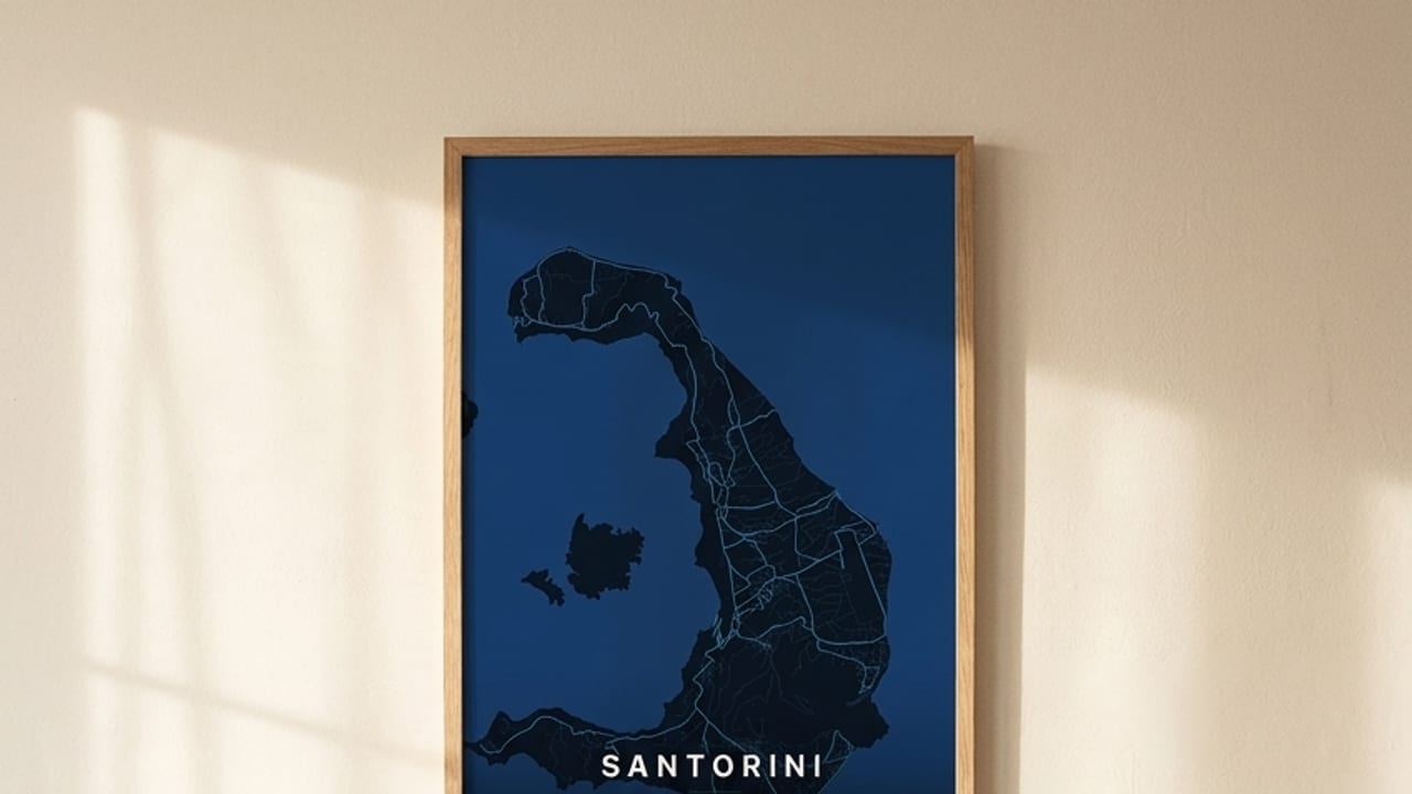 Framed blue Santorini map poster above a light sofa