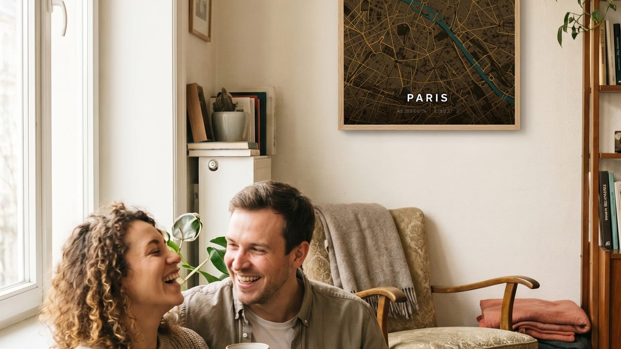 Lachendes Paar auf dem Sofa unter einem gerahmten Paris-Kartenposter