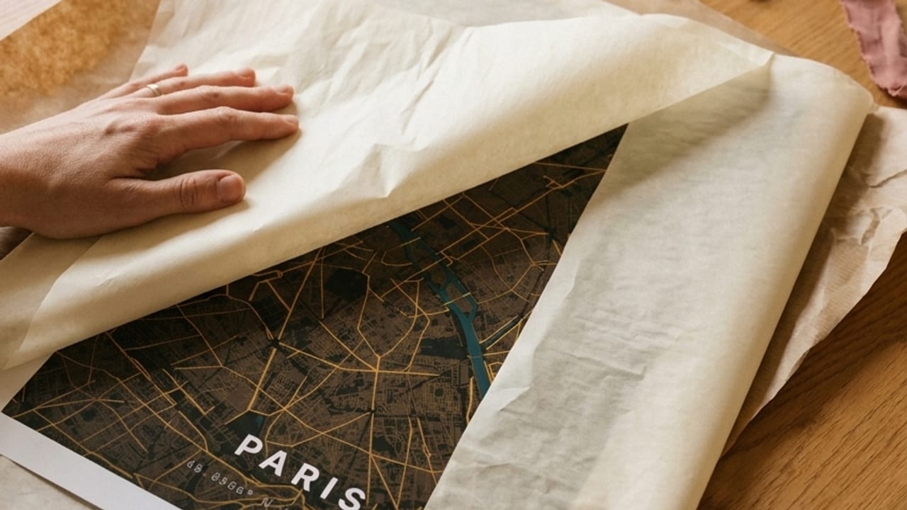 Hände packen ein dunkles Paris-Kartenposter aus Seidenpapier aus