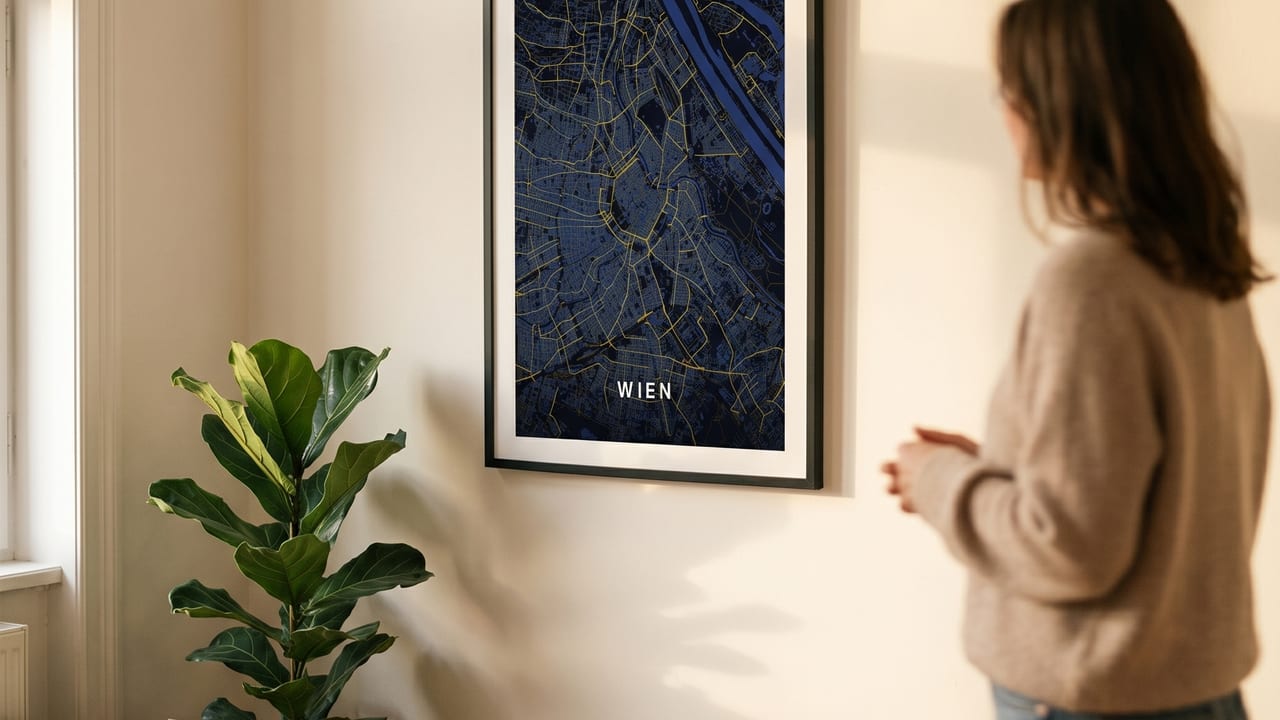 Frau betrachtet ein frisch aufgehängtes Wien-Kartenposter zwischen Umzugskartons