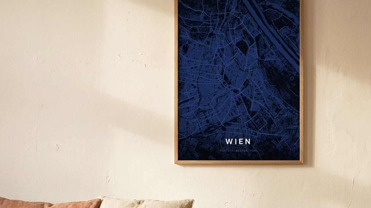 Framed dark-blue Vienna map poster above a sofa in a bright living room