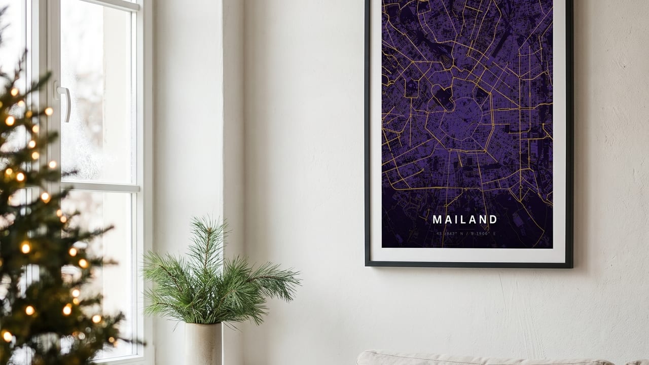Gerahmtes Mailand-Kartenposter neben einem beleuchteten Weihnachtsbaum