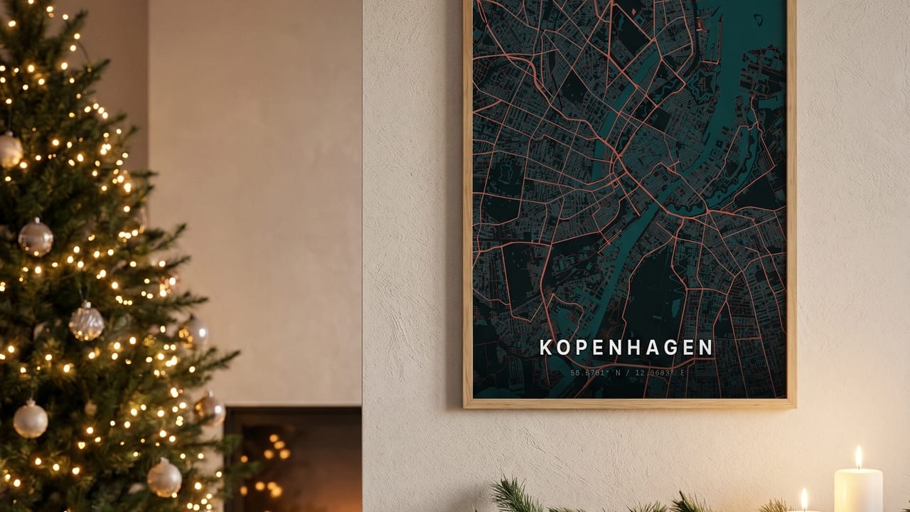 Framed Copenhagen map poster next to a decorated Christmas tree with presents