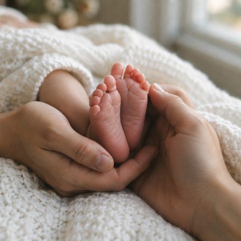 Babyfüße in den Händen der Eltern