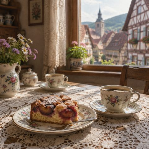 Kaffee und Pflaumenkuchen am Küchentisch, draußen Fachwerkhäuser