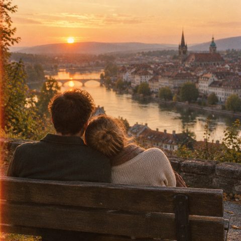 Paar auf einer Bank über den Dächern einer Altstadt