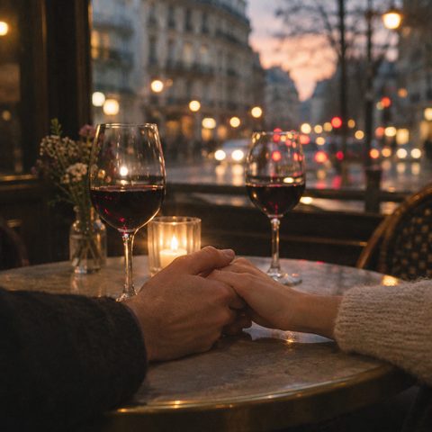 Zwei Hände halten sich über einem Cafétisch bei Kerzenlicht