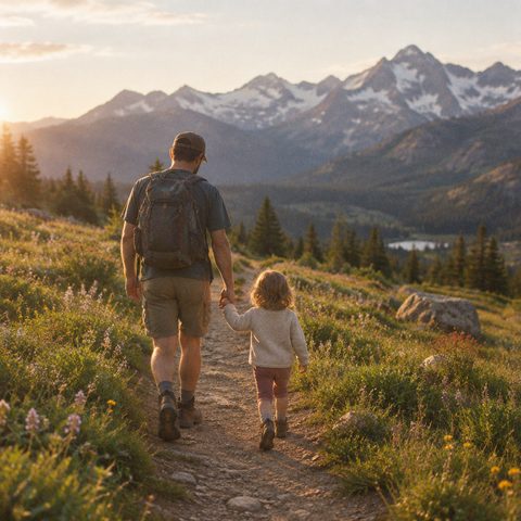 Vater und Kind wandern Hand in Hand in den Bergen