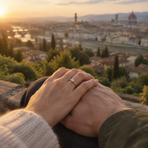 Hand mit Verlobungsring über einer Altstadt bei Sonnenuntergang