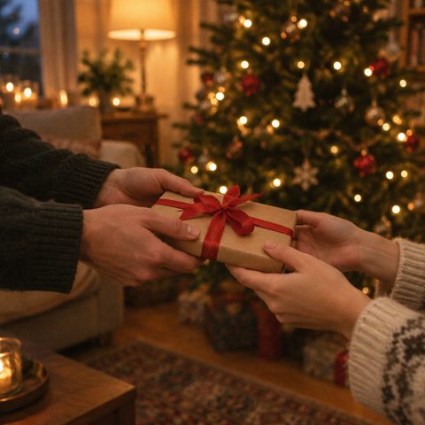 Geschenk mit roter Schleife vor dem Weihnachtsbaum